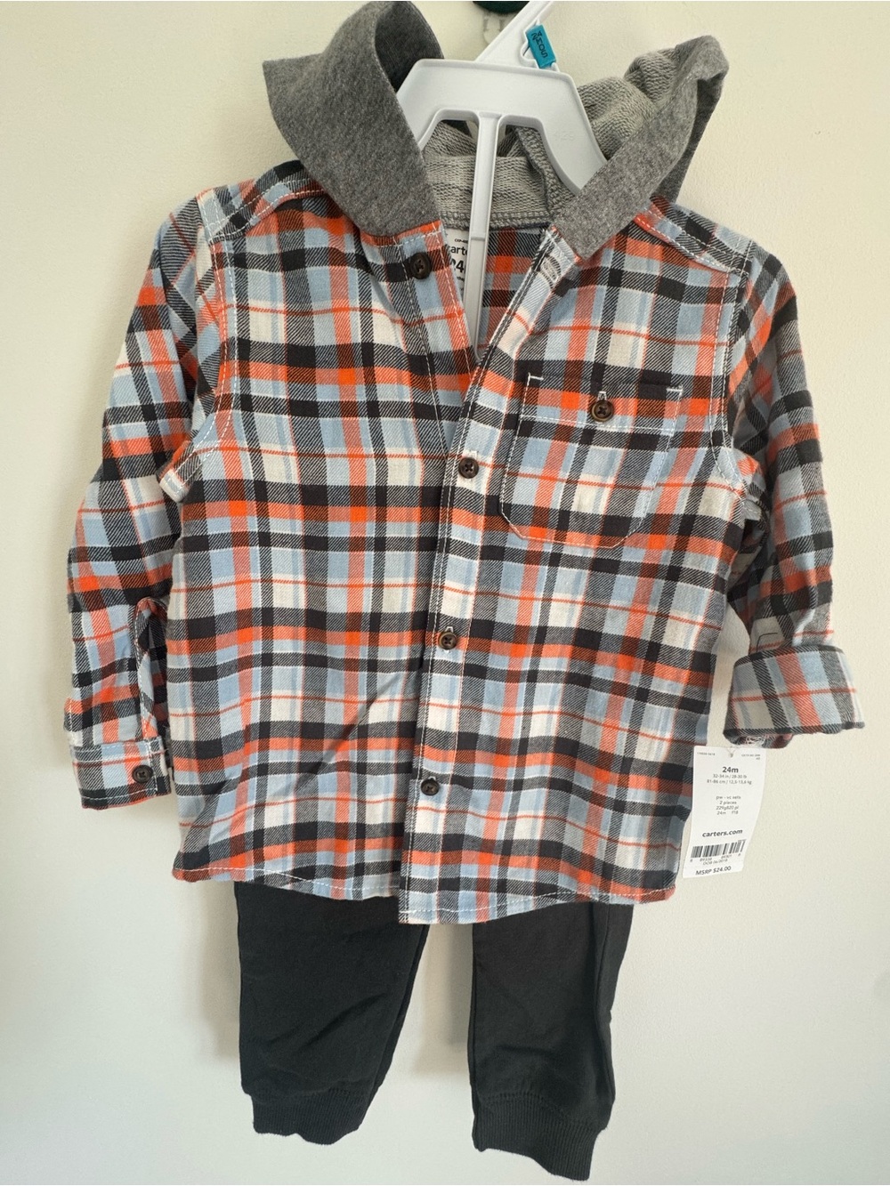 NWT Carter's Gray & Orange Plaid Hooded Button-Down Shirt With Matching Pants